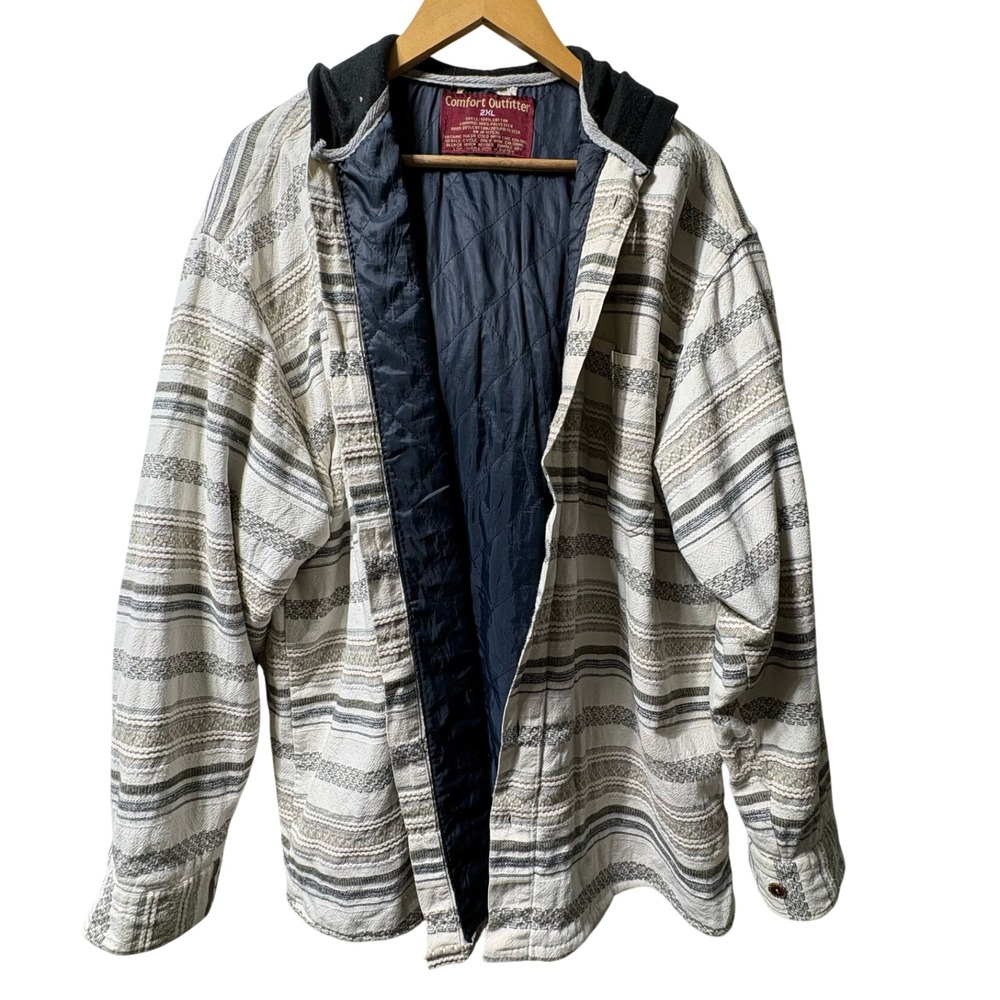 Comfort Outfitter Hooded Shirt Jacket Mens 2XL Striped Quilted Lined Cotton